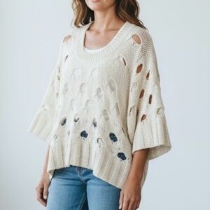Beige Crochet Open Knit Sweater Wool Blend Boho Cropped Boxy Whimsical